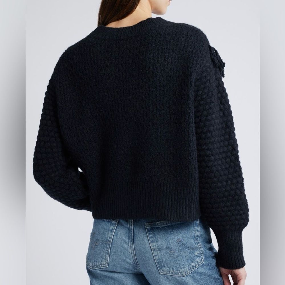 Treasure & Bond Balloon Sleeve Mixed Stitch Fringe Sweater Crew Black S Nwt — image 5 of 8